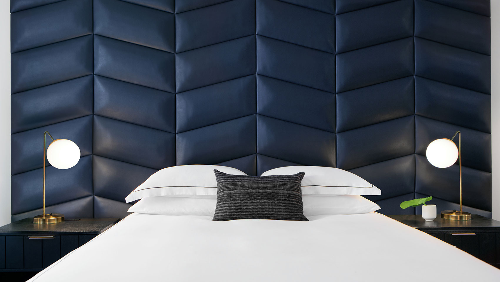Kimpton Shane king guest bed room with blue headboard