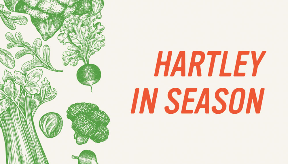 Graphic with vegetables that reads 'Hartley In Season'